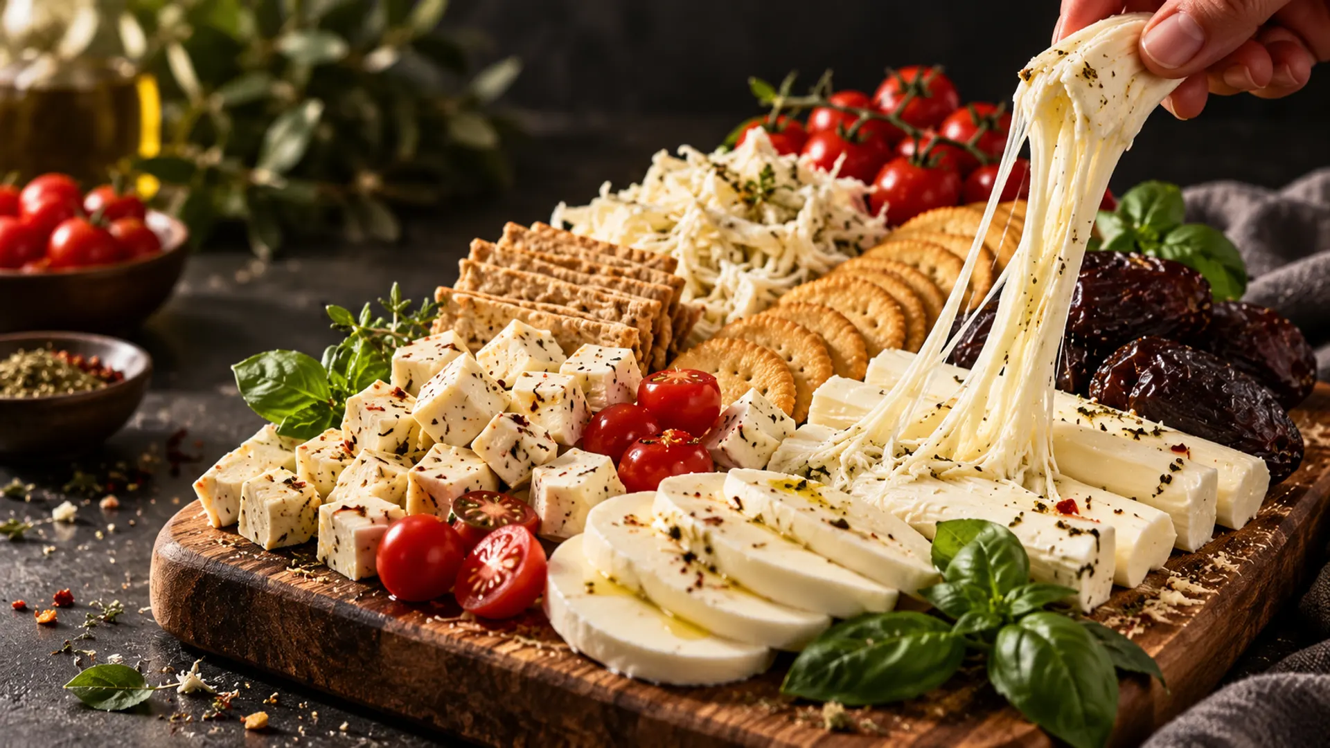 A platter being built by hand — cheese pulled fresh over the board