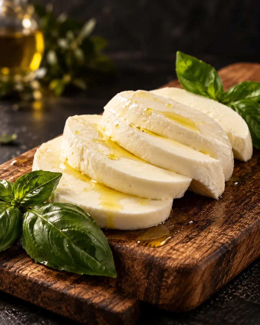 Sliced fresh mozzarella with olive oil and basil