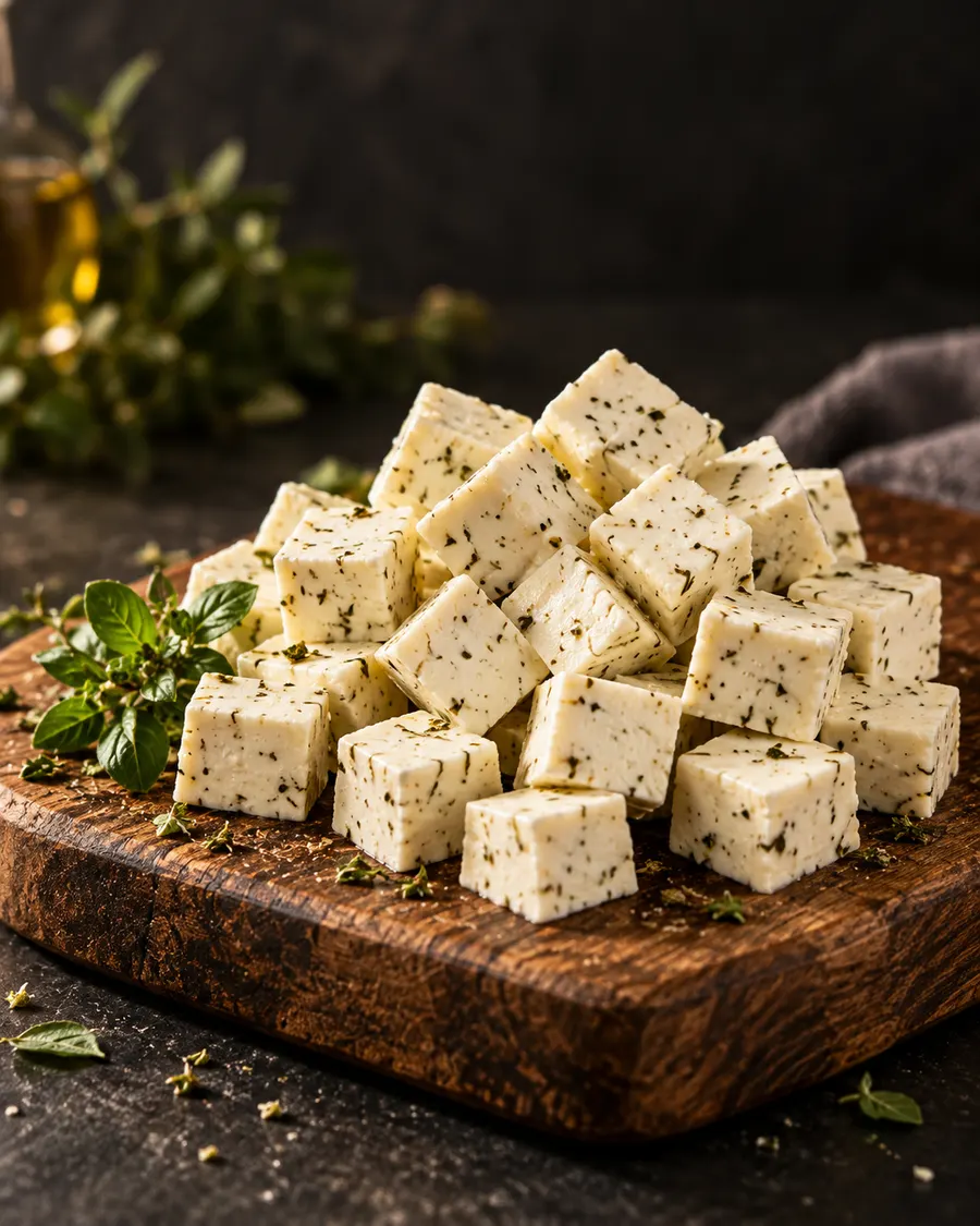 Cubes of herb cheese on a wooden board