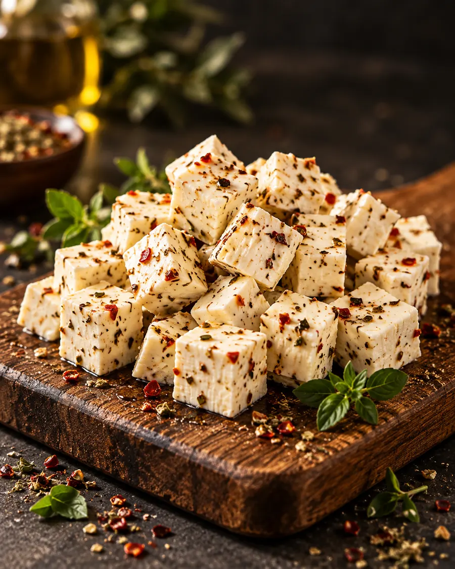 Marinated pepper cheese cubes with chili flakes