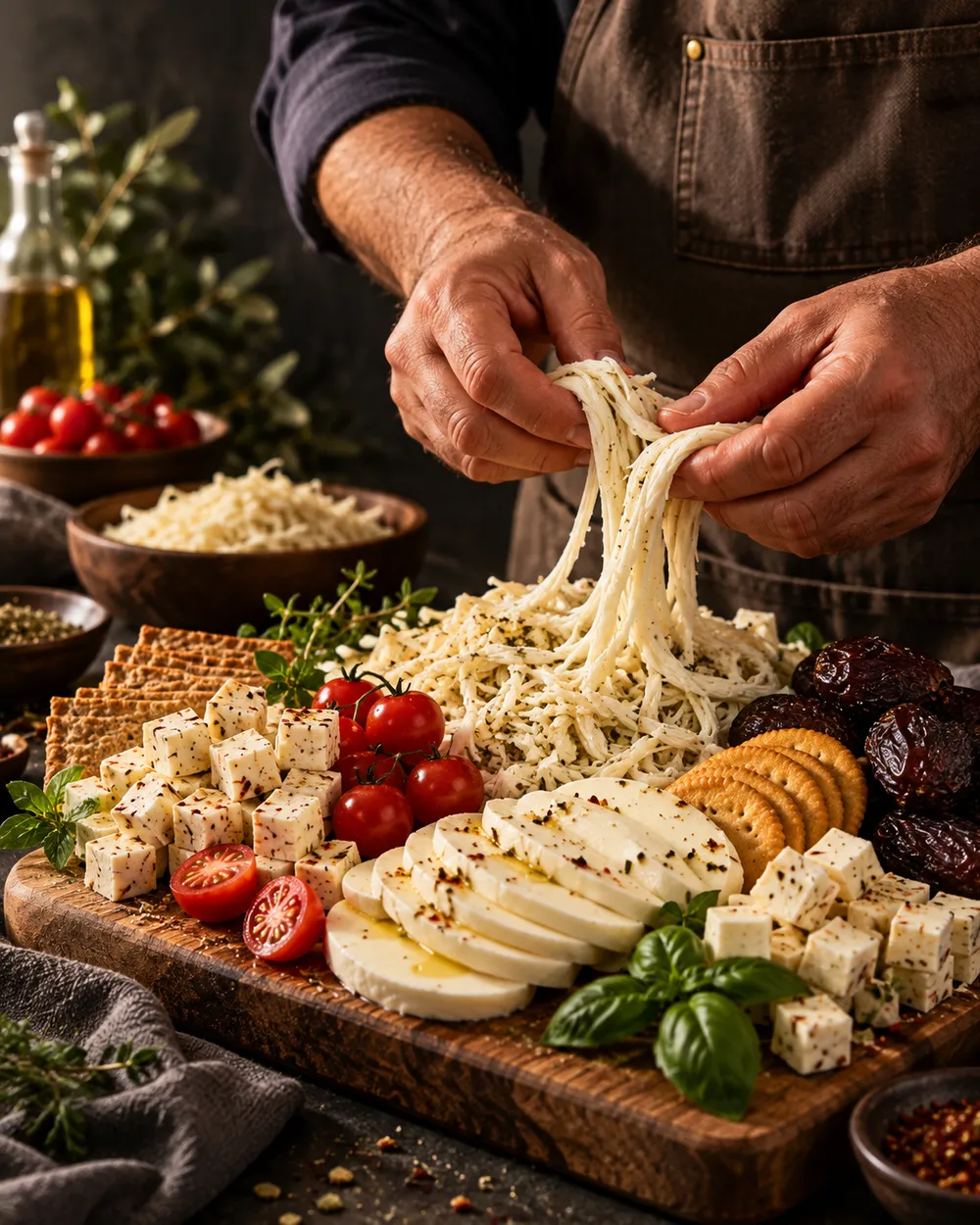 Hands pulling fresh string cheese over a board at Fancy Cheese