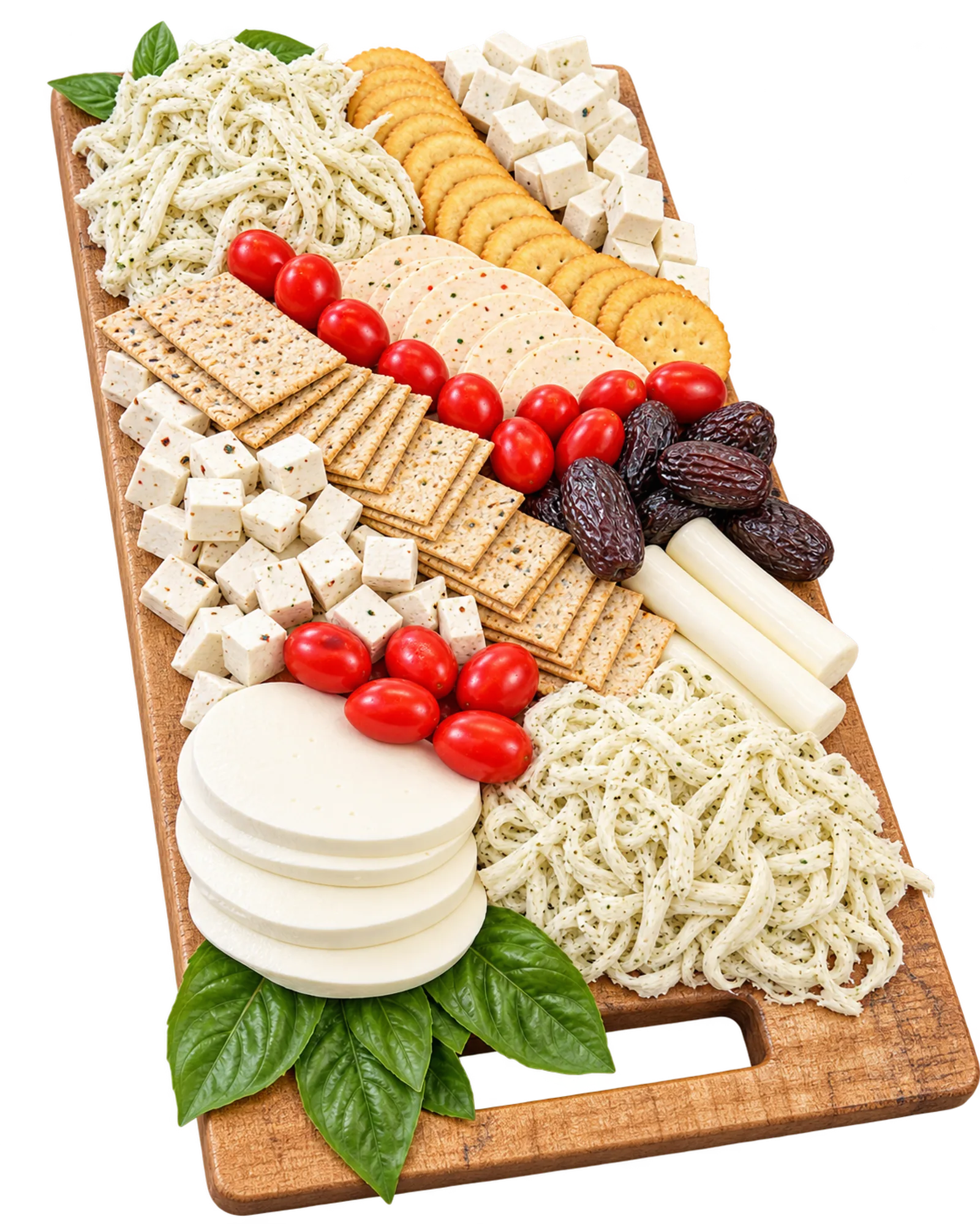 A Fancy Cheese board — fresh mozzarella, herbed cheeses, crackers and dates