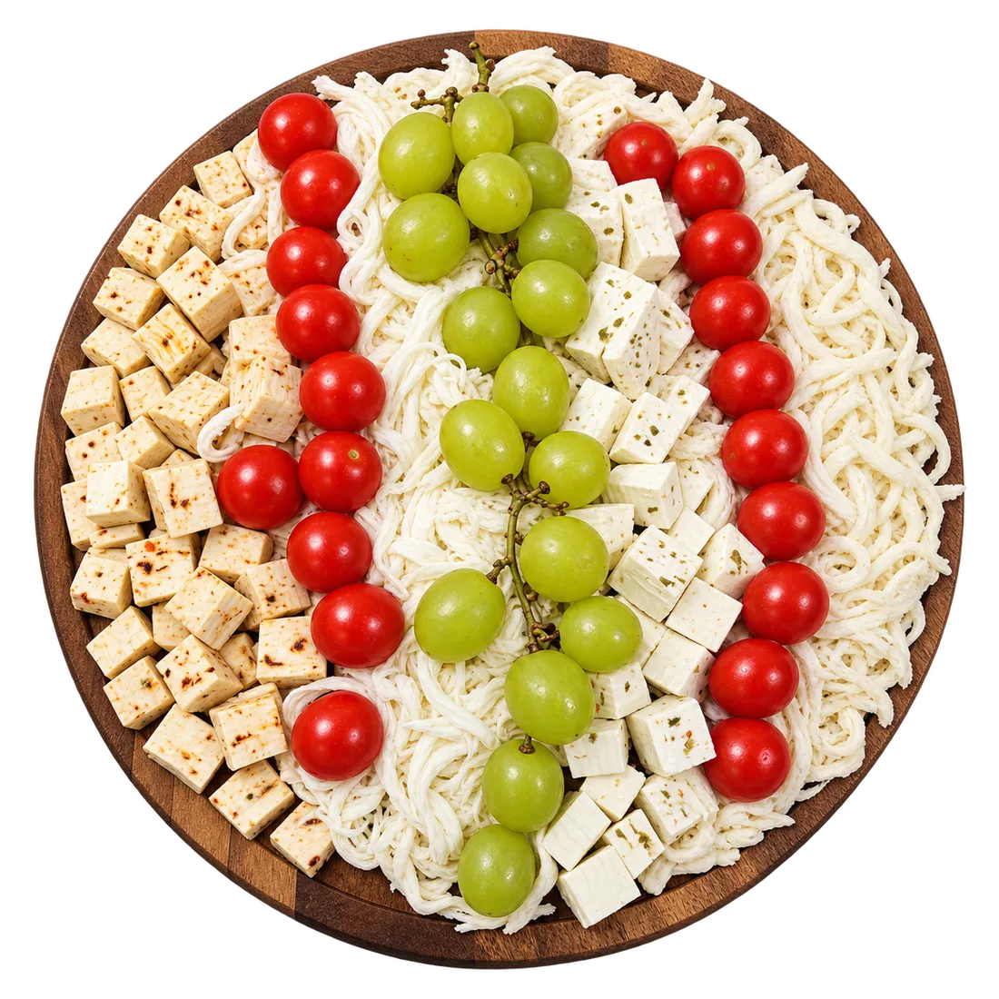 A round platter of fresh mozzarella, grapes and cherry tomatoes